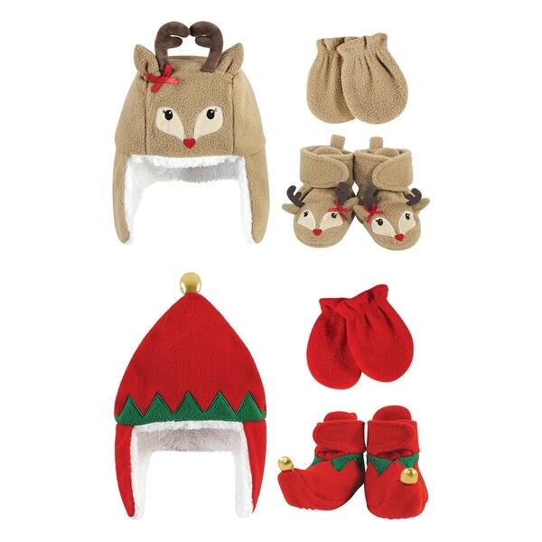 slide 1 of 1, Hudson Baby Girl 6Pc Trapper Hat, Mitten and Bootie Set, Red Elf Girl Reindeer Red Elf Girl Reindeer - 0-6 Months