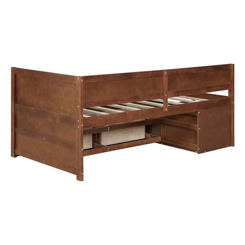 Compact Twin Daybed with Drawers and Shelves in Walnut Finish