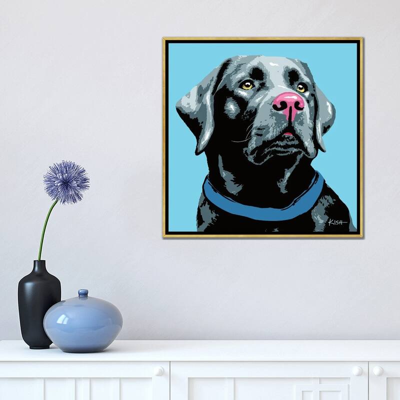 iCanvas "Black Lab Blue Woofhol" by Gretchen Kish Serrano Framed Canvas Print