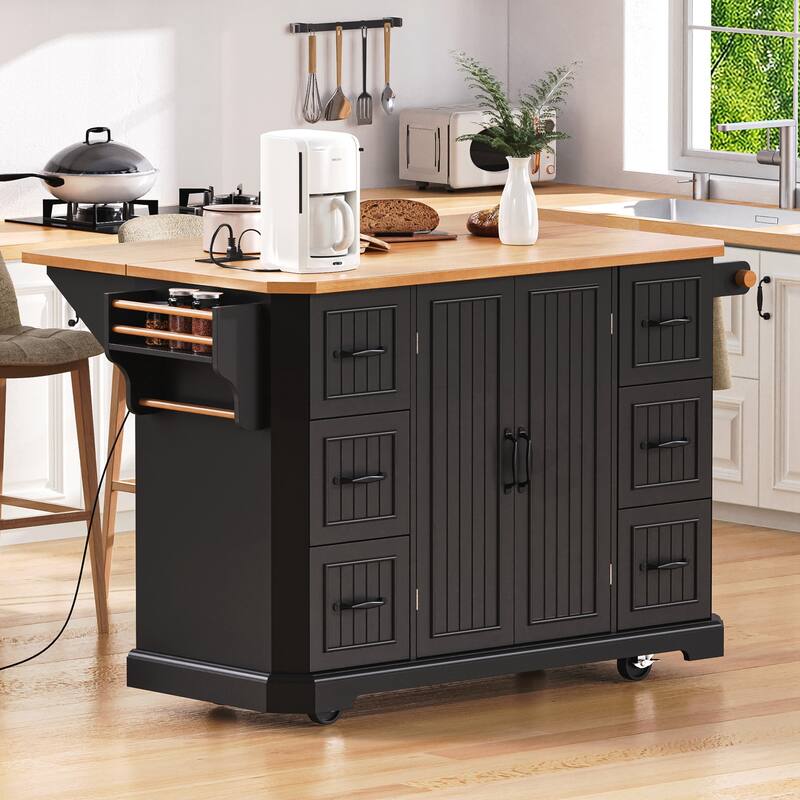 Kitchen Island with Rubber Wood Veneer Drop Leaf, Power Outlet, 4 Door Shelves