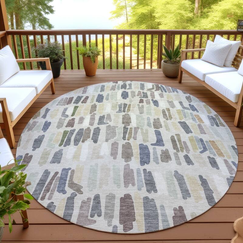 Machine Washable Indoor/ Outdoor Modern Mosaic Chantille Rug - Linen - 8' x 8'