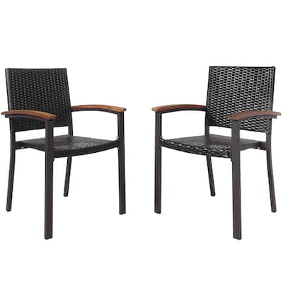 2PCS Outdoor Patio PE Rattan Dining Chairs Armrest Stackable Garden