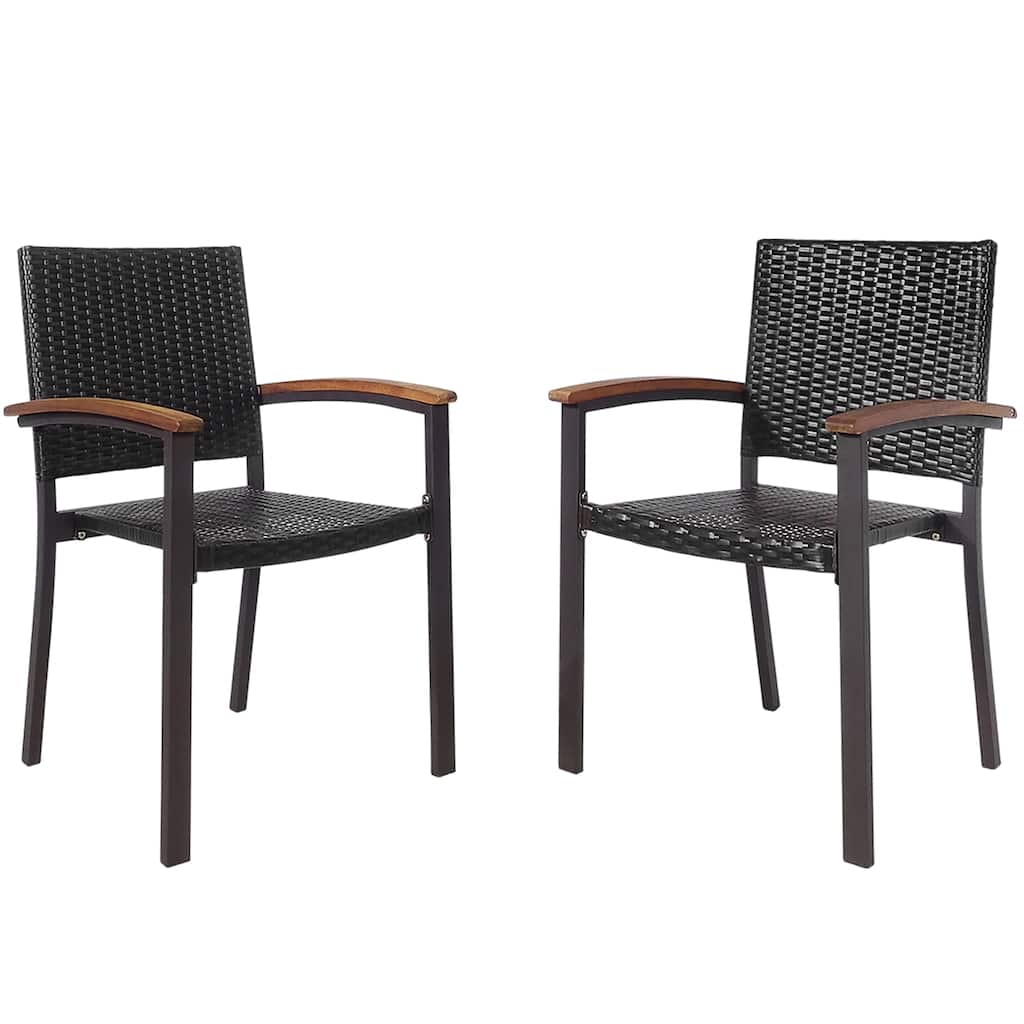 2PCS Outdoor Patio PE Rattan Dining Chairs Armrest Stackable Garden
