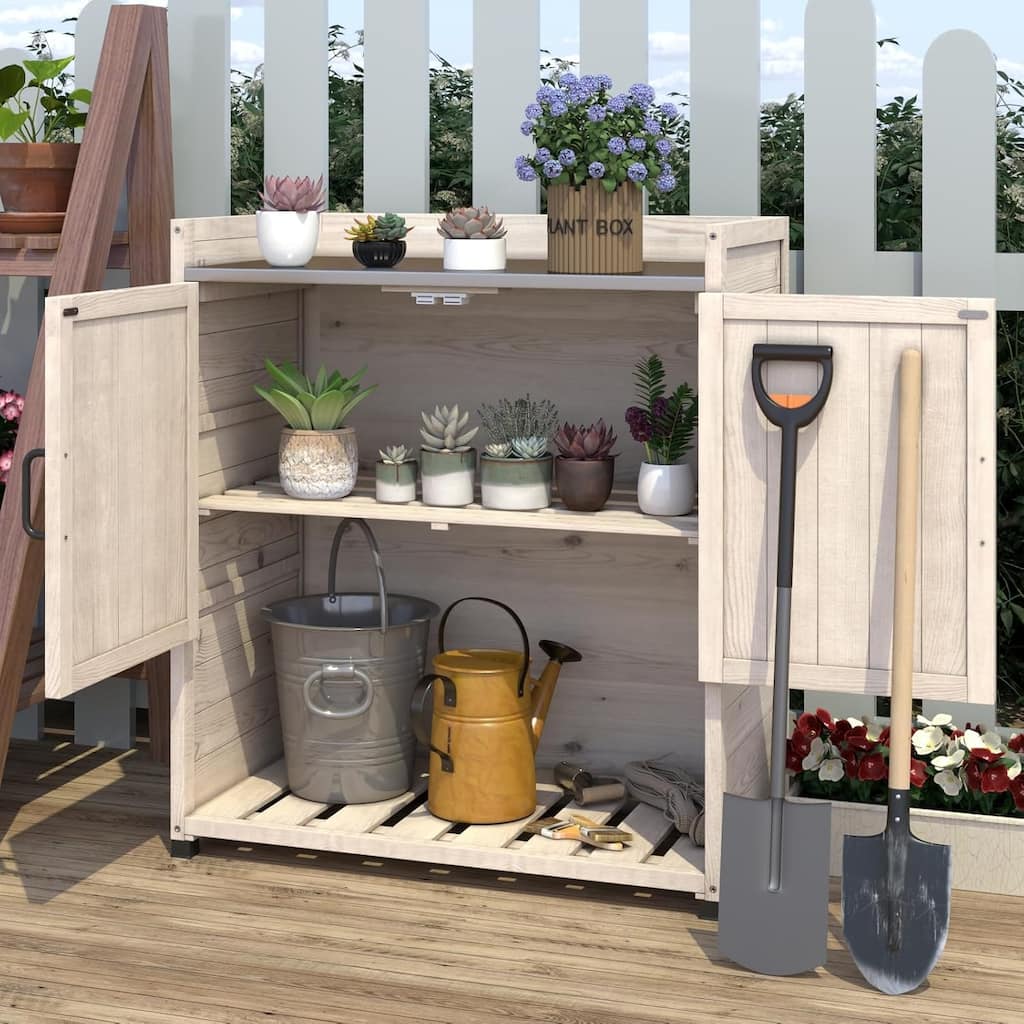 AECOJOY Potting Bench, Outdoor Wooden Storage Cabinet with Adjustable Shelf, Garden Work Bench Planting Table