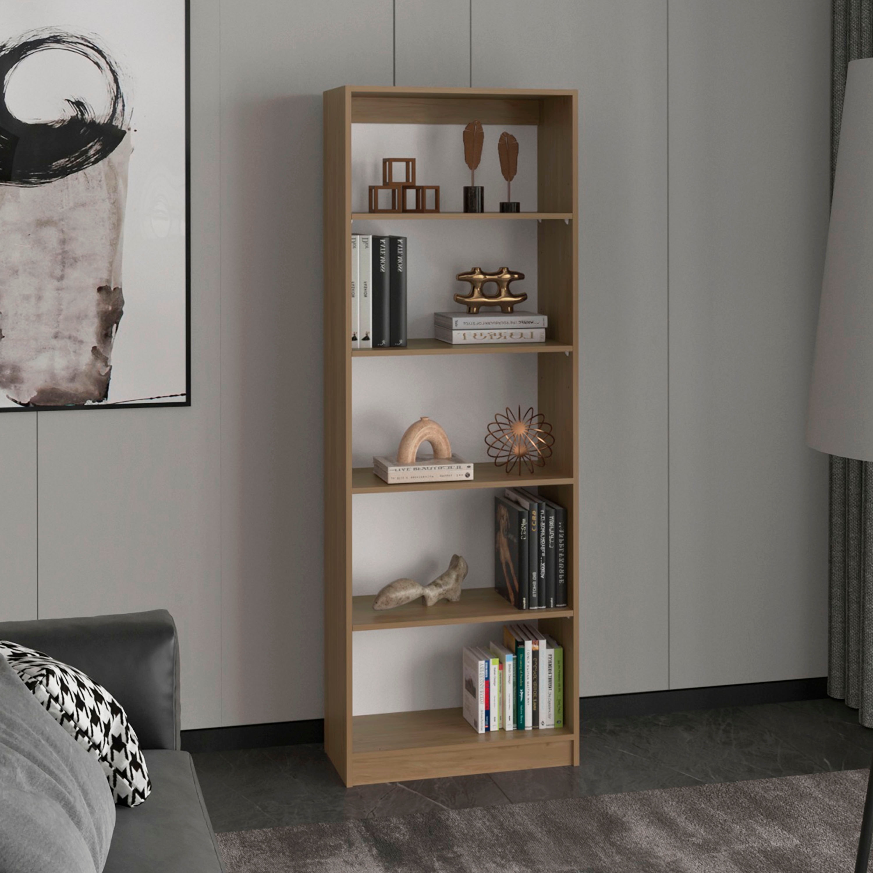 4 Shelves Bookcase,Wide,With Multi-Tiered Storage,Display Shelves,Natural Oak
