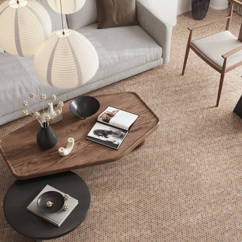 Lucenza 12x12 in. Matte Recycled Glass Penny Round Mosaic Wall and Floor Tile (10.56 sq ft/case, 12-Pack) - Taupe