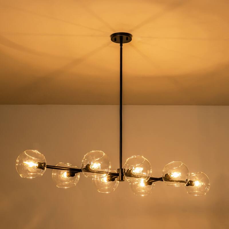 8-Light Modern Sputnik Branch Linear Pendant Metal/ Glass Globe Bubble Chandelier for Dining/ Living Room