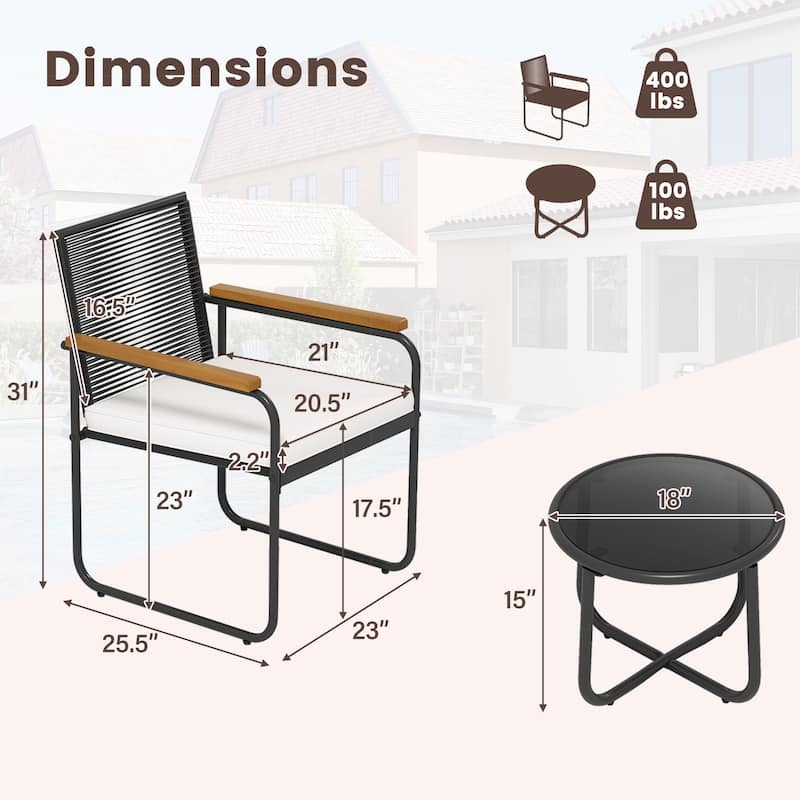 Costway 3 PCS Patio Furniture Set with Round Tempered Glass Top Table - See Details