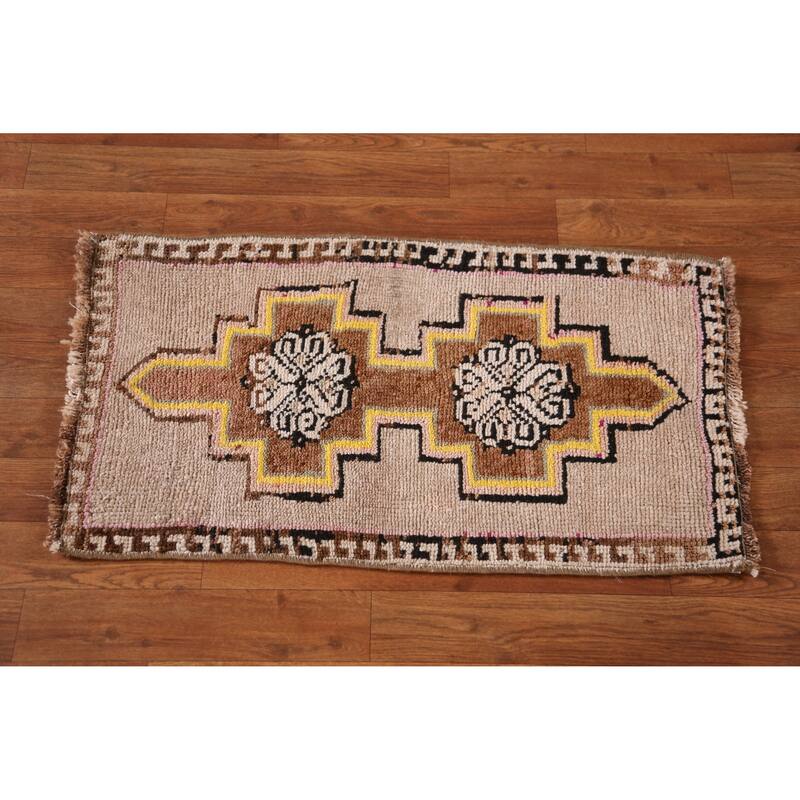 Hand Knotted Oriental 100% Wool Carpet Transitional Geometric Beige & Ivories Anatolian Area Rug - 2' 8'' X 1' 7''