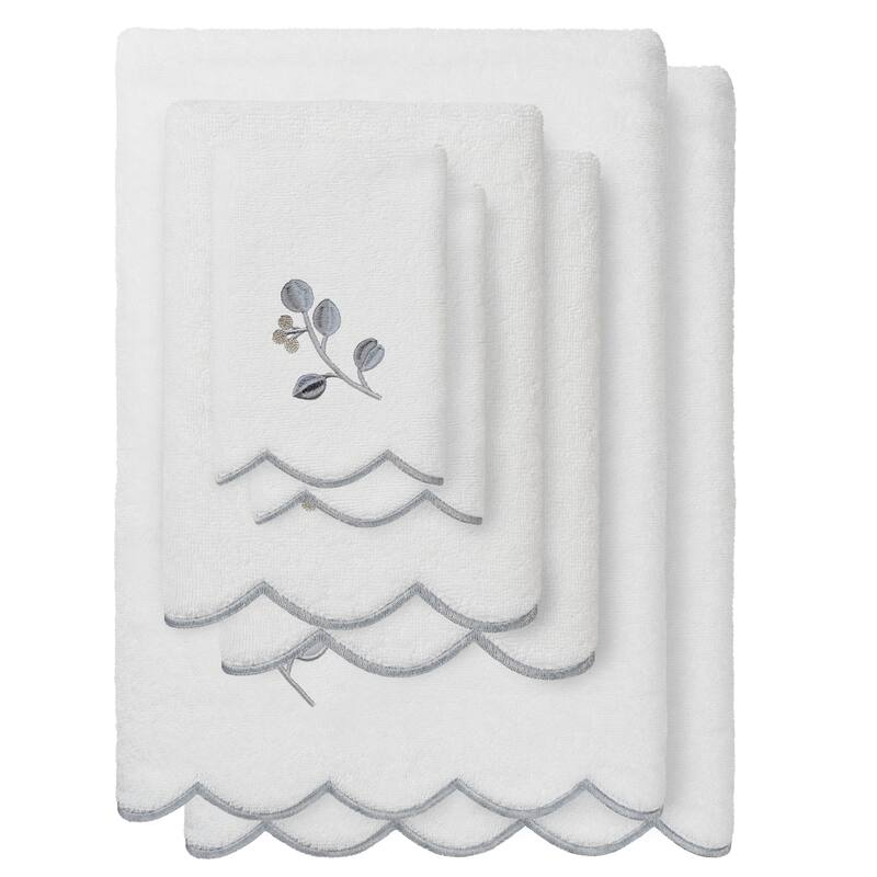 Authentic Hotel and Spa 100% Turkish Cotton WILD BRANCH Scallop Embellished Towel Collection - White/Grey - 6 Piece Set