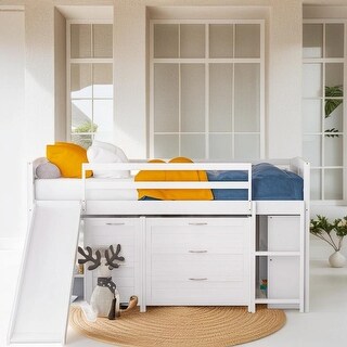 Wood Twin Size Low Loft Bed with Cabinets, Shelves, Slide and Five ...