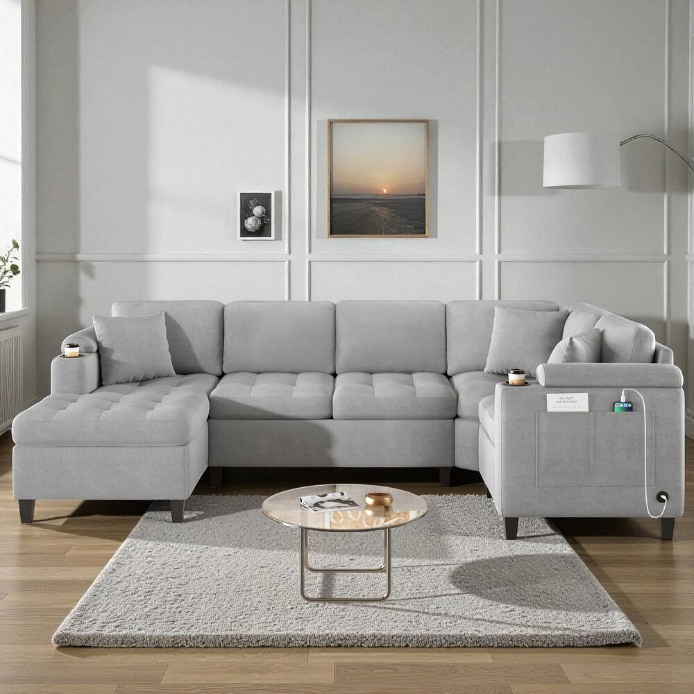 115.7" Modern U-Shaped Sectional Sofa with Cup Holders, Storage Space and USB Ports, Oversized Chenille Couch for Living Room