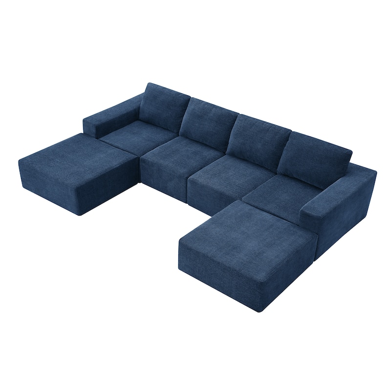 Modular U-Shaped Sectional Sofa with 2 Ottomans, Chenille Cloud Floor Couch, Fully Compressed Upholstered Sofa