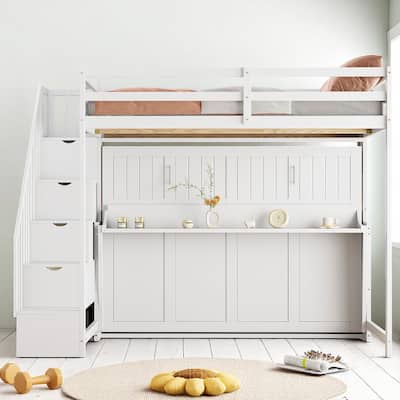 Full Size Wall Murphy Bed with Loft & Bunk Conversion, Hydraulic Lift, Hidden Desk, and Storage Steps