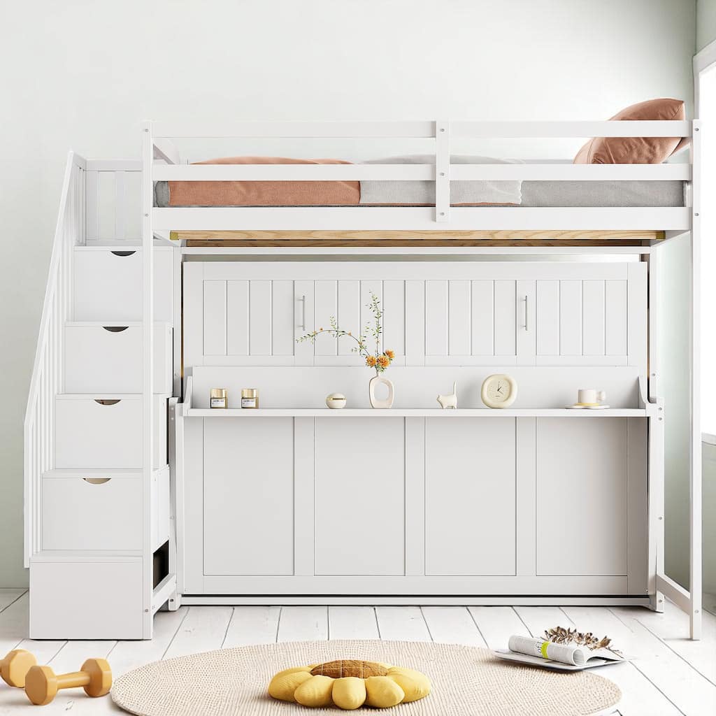 Full Size Wall Murphy Bed with Loft & Bunk Conversion, Hydraulic Lift, Hidden Desk, and Storage Steps
