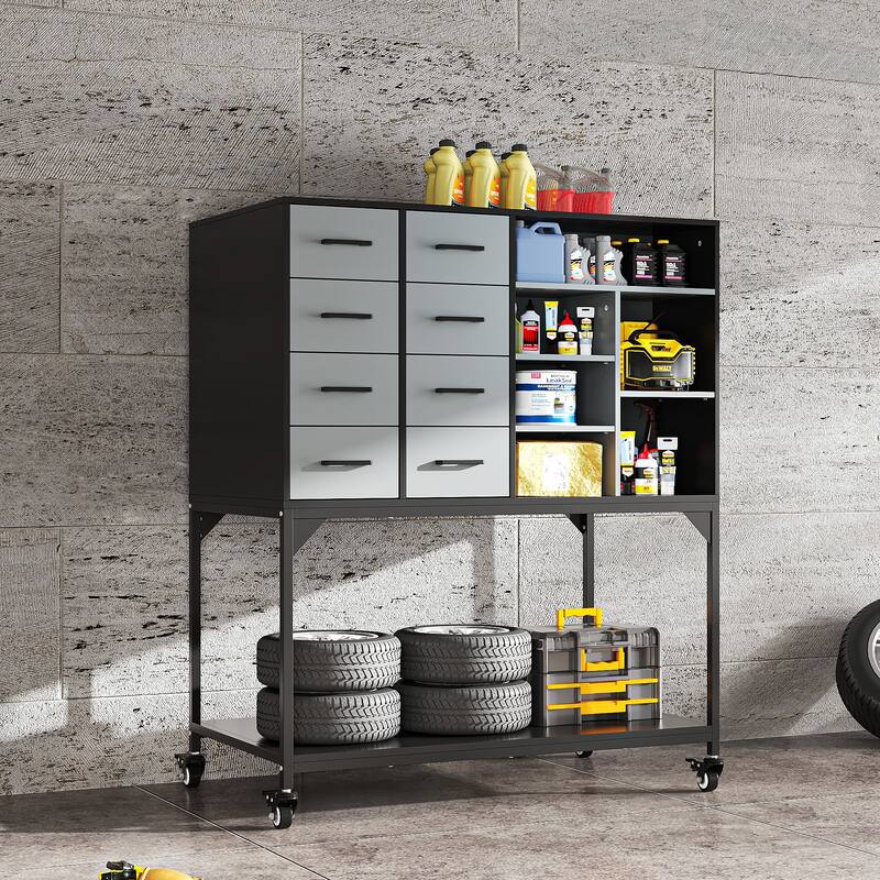 Industrial Metal Storage Cabinet with Pegboard, Adjustable Shelves and Wheels, Garage Tool Organizer with Soft-Close Doors