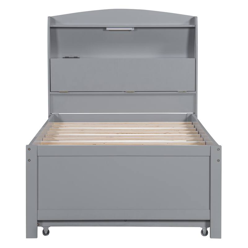 Full Platform Bed with Pull-Out Trundle, LED Headboard Lighting, USB Charging Ports, Flip-Up Storage, and Under-Bed Drawers