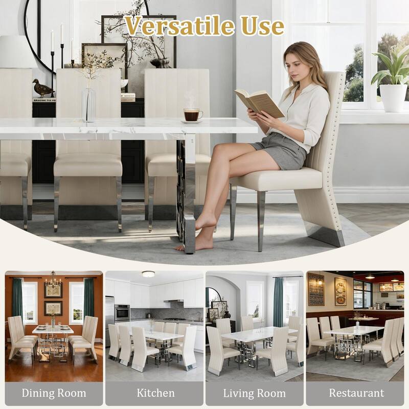 White PU Leather Dining Chairs with Nail Head Trims and Mirrored Silver Metal Legs