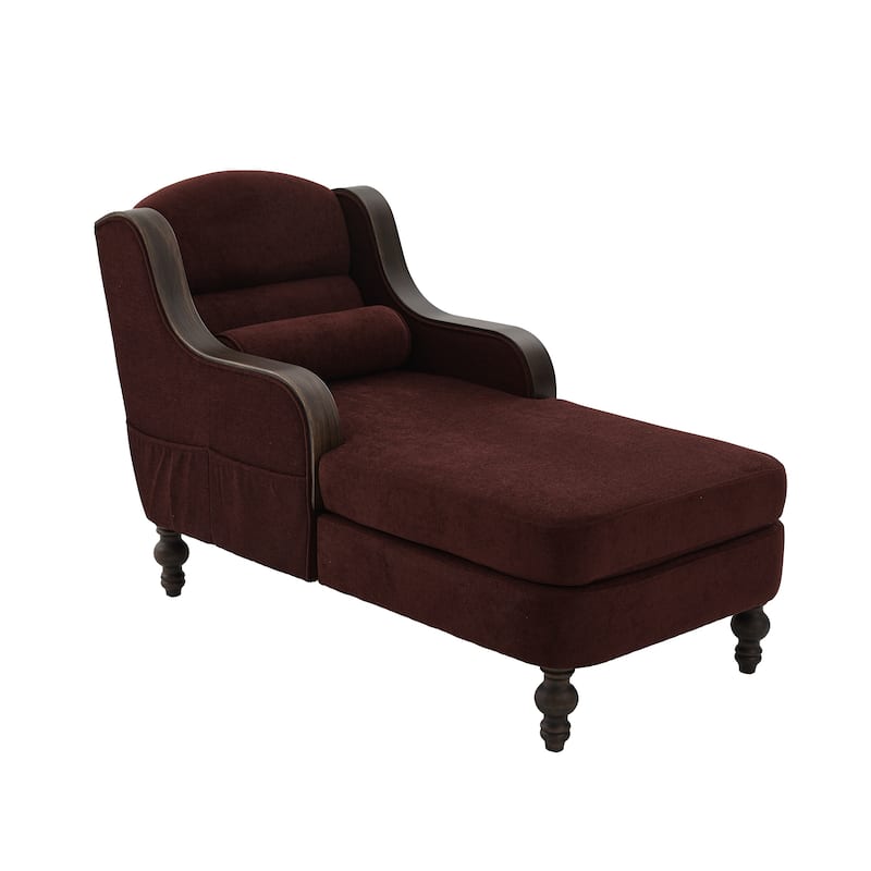 Ergonomic Chaise Lounge Indoor Chenille Single Lazy Sleeper Sofa Bed with Side Pockets, Solid Wood Armrests and Foots