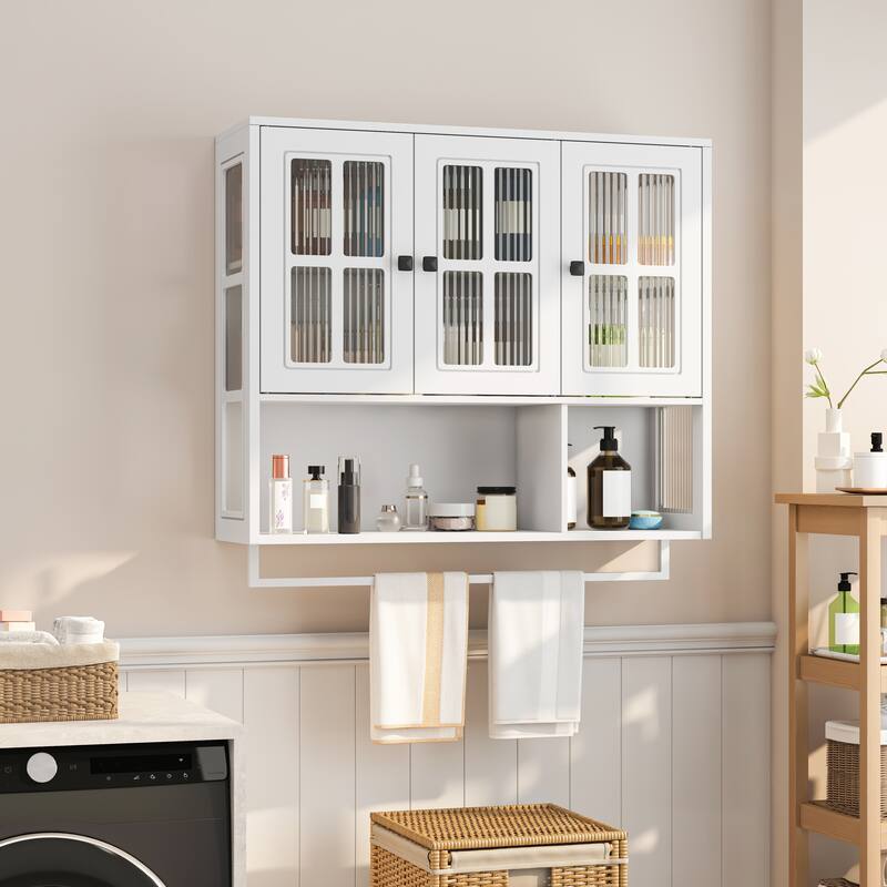 3-Door Bathroom Wall Cabinet with Glass Door, Towel Bar & Storage