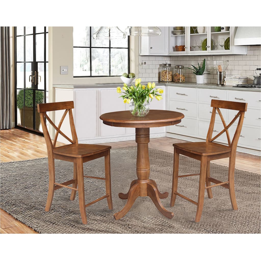 30" Round Pedestal Gathering Height Table with 2 X-Back Counter Height Stools - 3 Piece Set