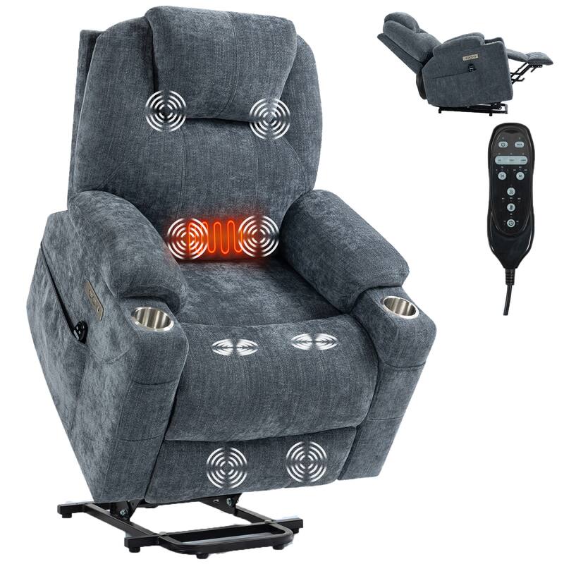 Roomfitters Power Lift Recliner Chair with Heat Massage USB C Charging Ports Heavy Duty Fabric Sofa with Cup Holders, Blue