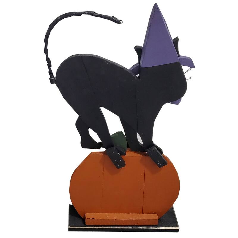 Wooden Black Cat on Pumpkin Halloween Tabletop Outdoor Decoration - 31"