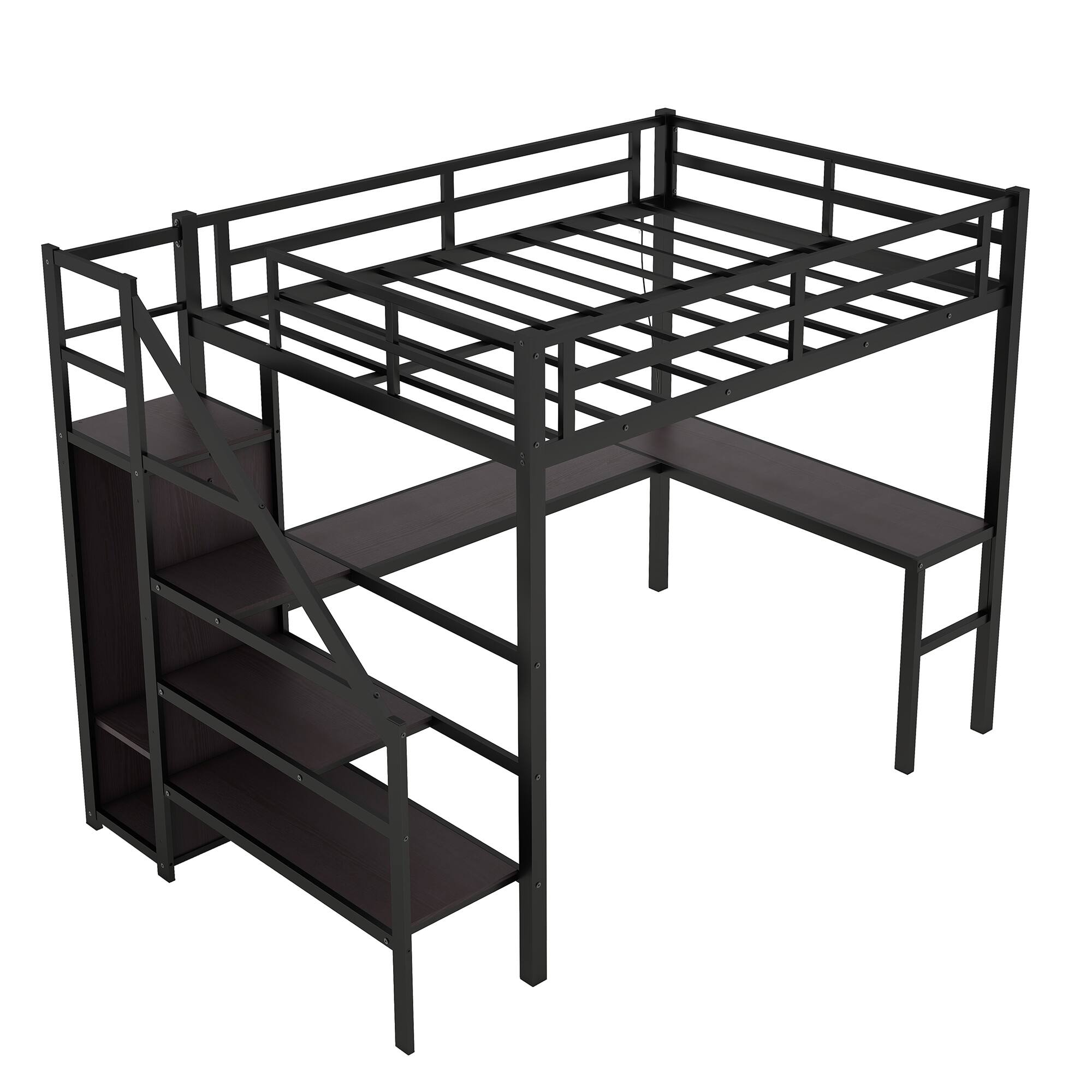 Full XL Size Metal Loft Bed with Wardrobe,Adjustable Shelf,Lshaped