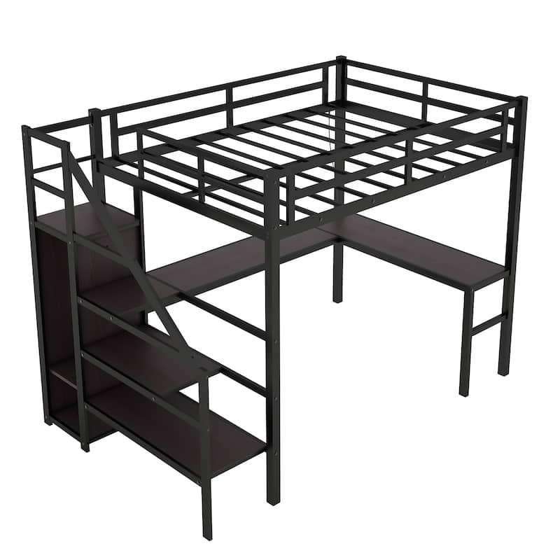 Roomfitters Twin XL Metal Loft Bed with L-Shaped Desk, USB Port, Wardrobe, Adjustable Shelf & Lighting, Black