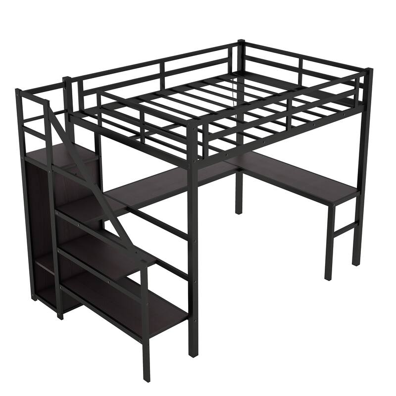 Twin XL Metal Loft Bed with L-shaped Desk, Wardrobe, USB, and LED Lights for Kids, Teens, and Adults