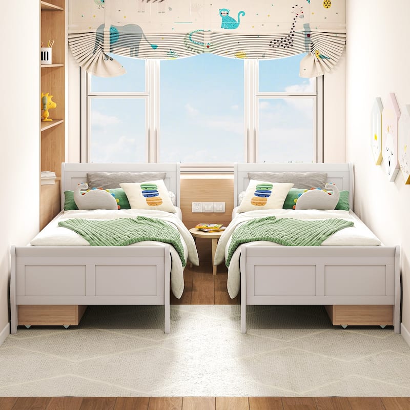 Twin Size Wooden Sleigh Platform Bed with 2 Under-Bed Drawers Included Headboard and Footboard