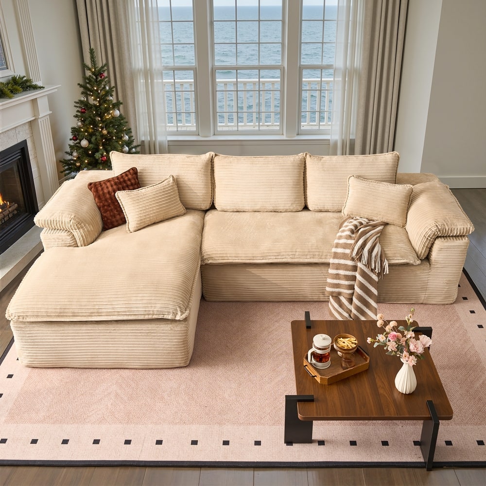 HOOOWOOO Modern Corduroy Fabric L-shaped Sectional Couch Chaise Sofa