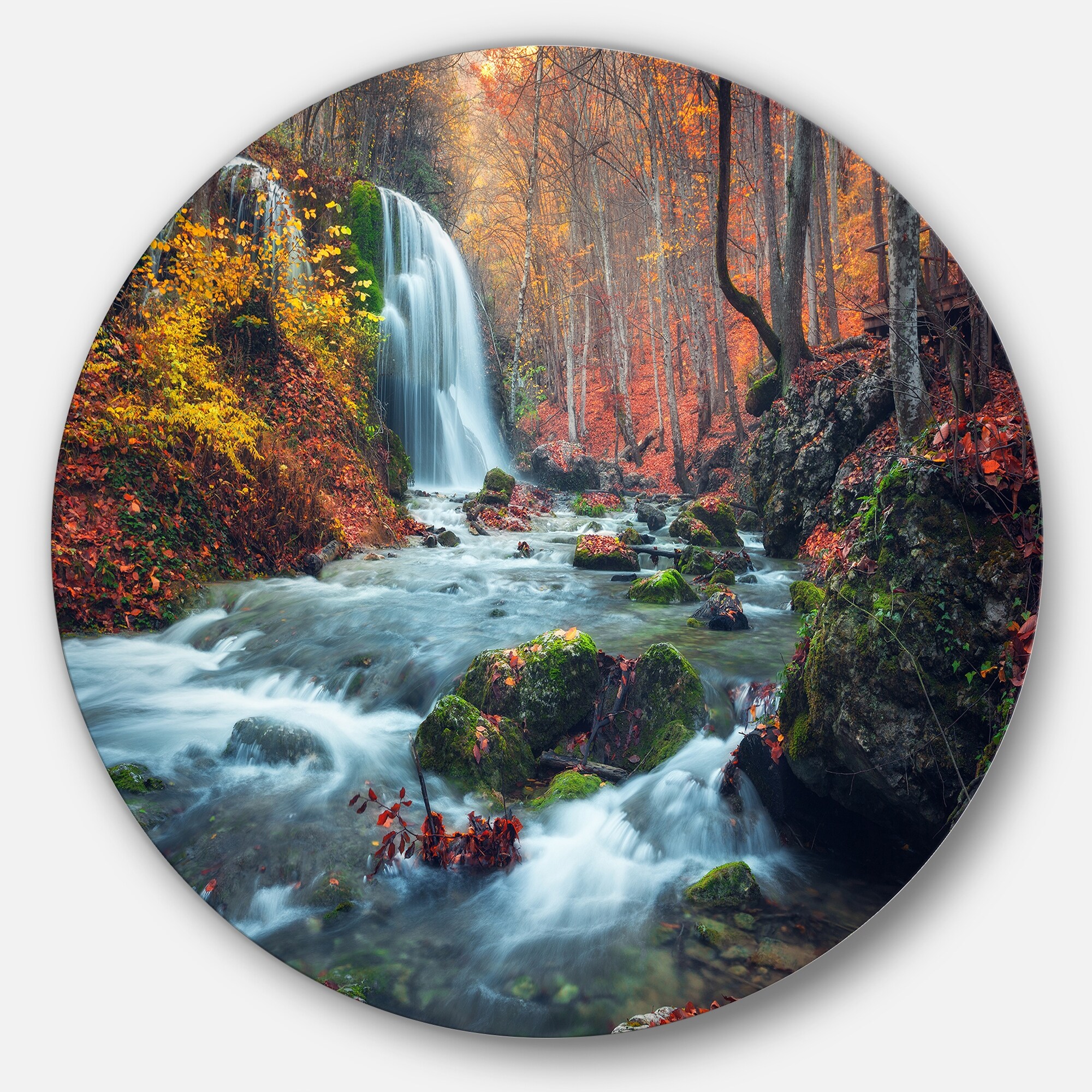 Designart 'Autumn Mountain Waterfall Long View' Landscape