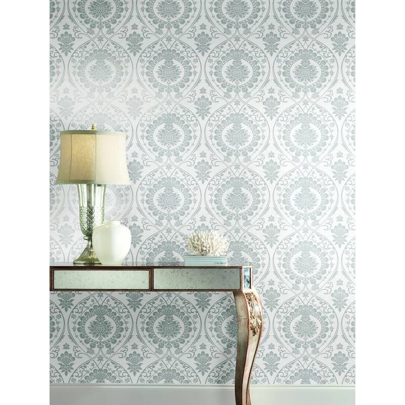 Fargo White/Silver Non-Woven Unpasted Damask Imperial Damask Wallpaper Covers about 60.75 sq. ft.