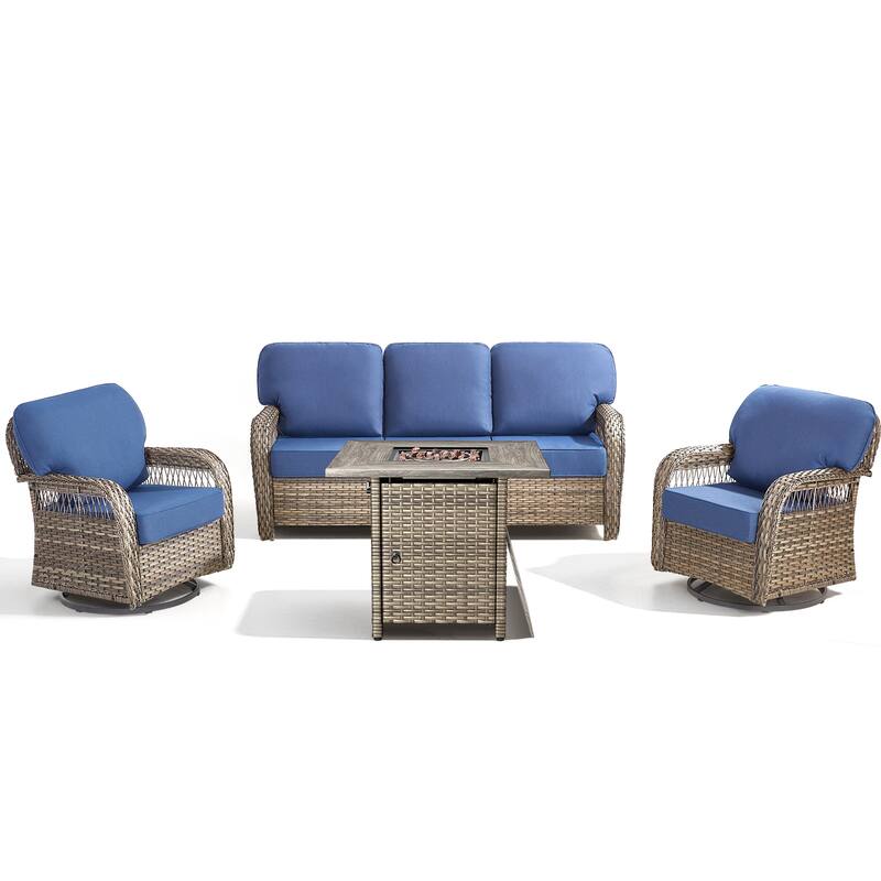 Pocassy Outdoor Fire Table with Sofa Swivel Chair Set.