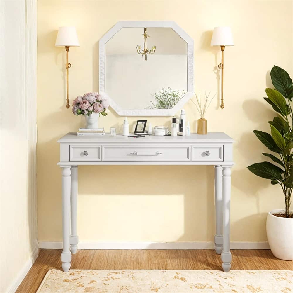 Retro Makeup Desk w/Large Mirror,3-Drawer Dressing Table,Console Table