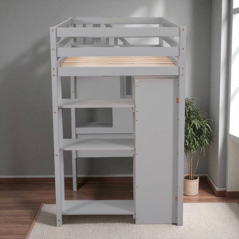 Twin Size Wooden Loft Bed with Drawers, Shelves, and Stairs for Kids Teens, No Box Spring Required