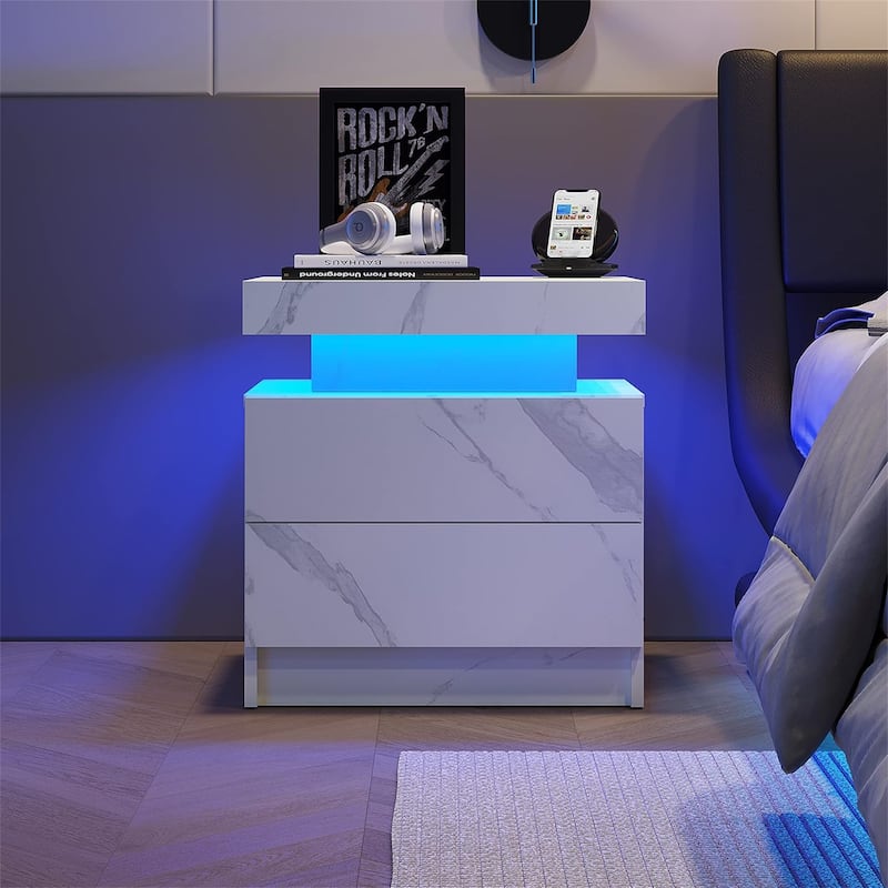 Modern LED Lights Bedside Table Nightstand with 2 Drawers