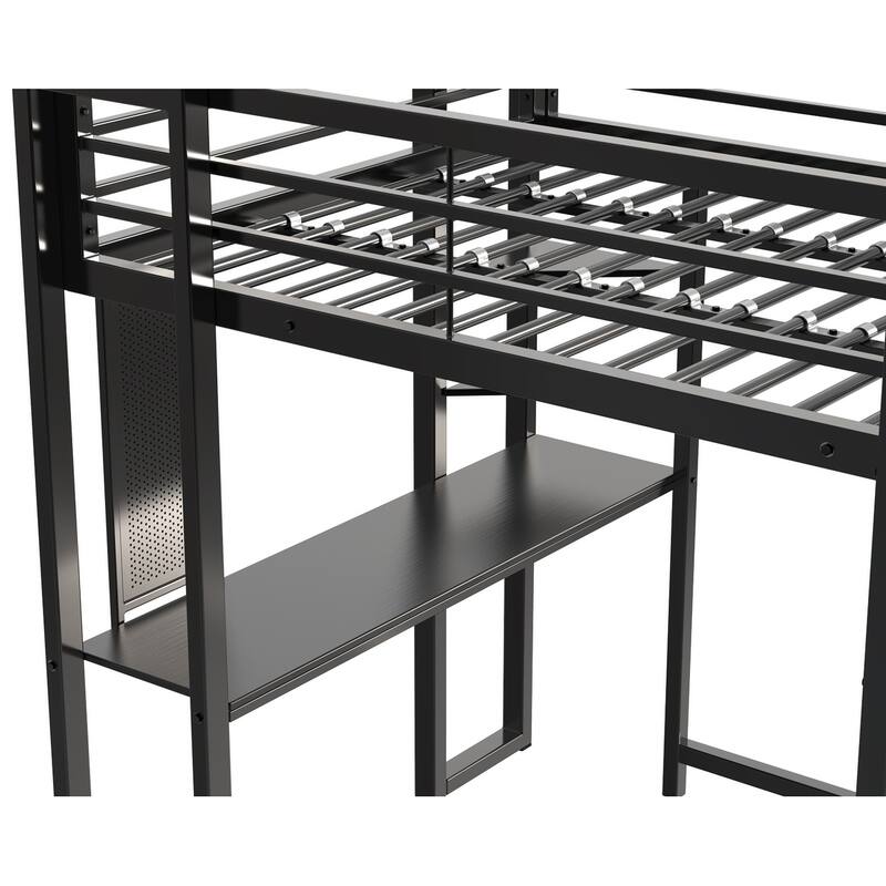 Full Size Metal Loft Bed with Desk and Storage, Ideal for Teens and Kids, Black Bedroom Frame
