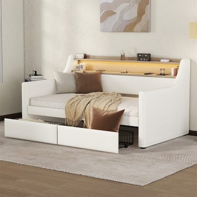 Twin Size Daybed with Storage Drawers,Upholstered Daybed w/LED Lights