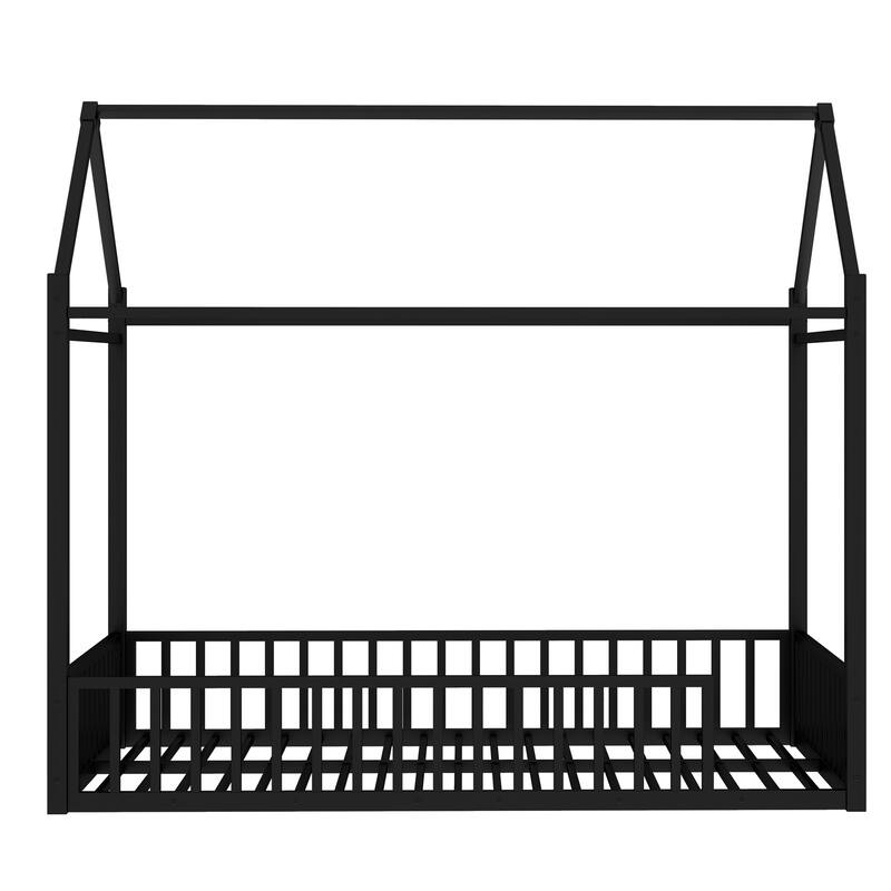 Roomfitters Metal Twin House Bed Frame with Guardrails & Detachable Slats, Convertible Floor to Loft Design, Black