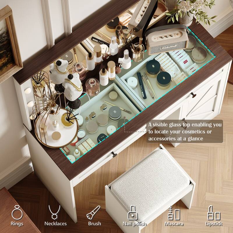 Vanity Desk with Large Mirror, Makeup Table with LED Lights and 3 Drawers, Vanity Table Set with Glass Top and Padded Stool