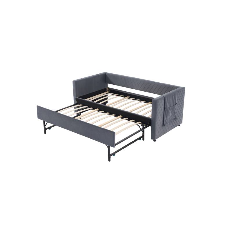 Twin Size Velvet Daybed with Trundle, USB Charging Port & Side Pockets, Modern Upholstered Sofa Bed with V-Pattern Backrest