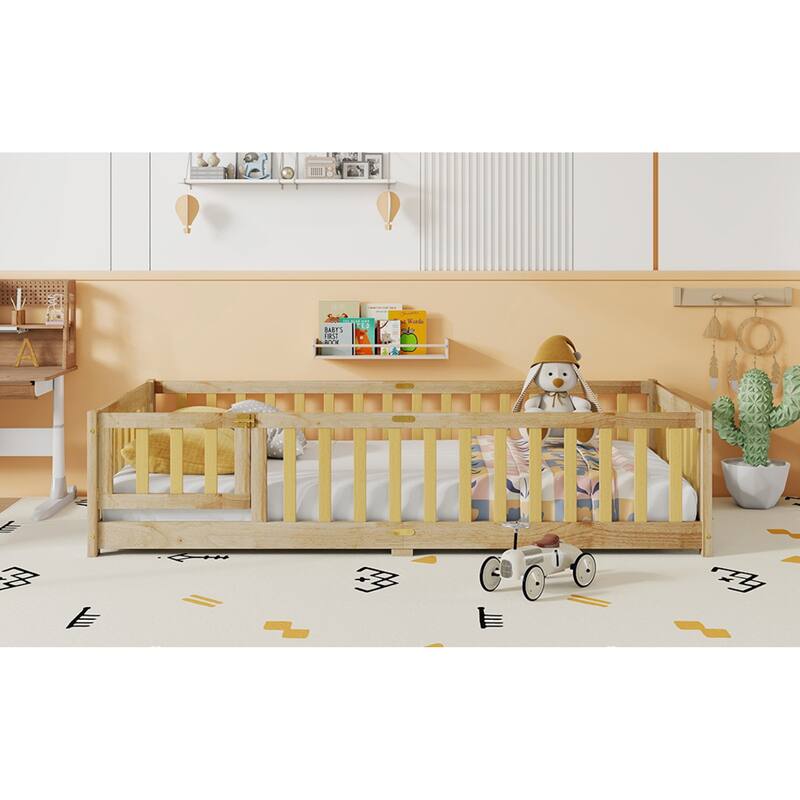 Roomfitters Twin/Full/Queen Rubber Wood Floor Bed with Fence and Swing Door, Safety Guardrails, Low Profile Design