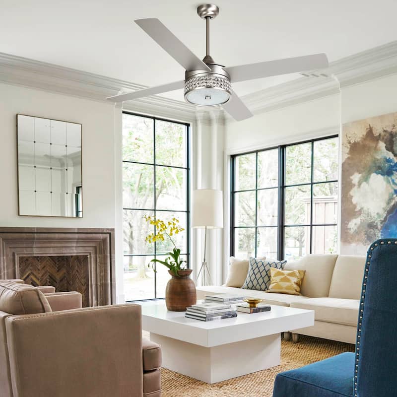 52-inch Satin Nickel/Black 4-Blades Crystal Ceiling Fan with Light Kit