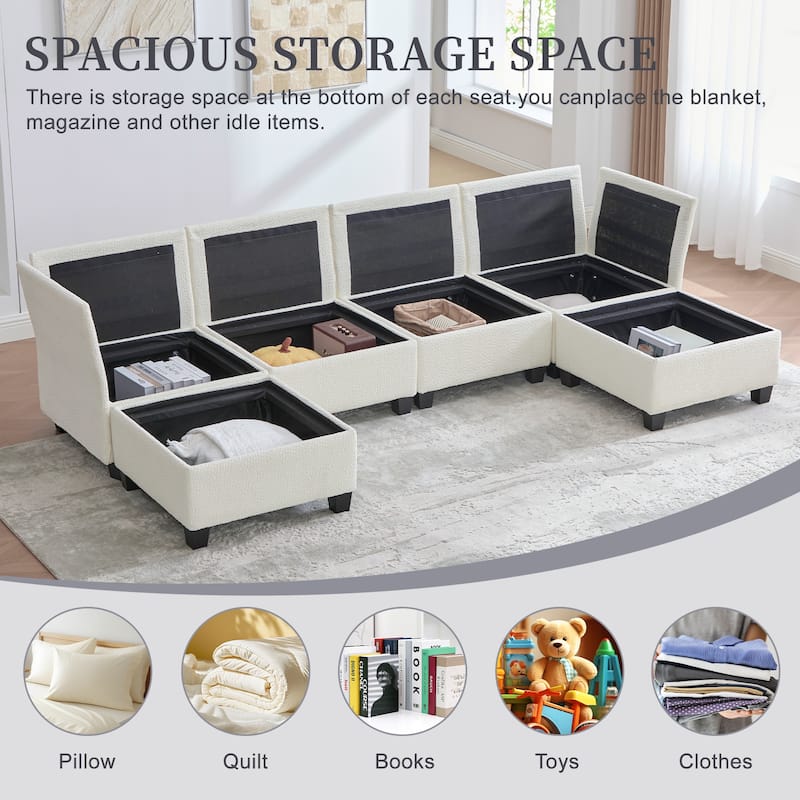 HOMEFUN 6-Seat Polyester Upholstered U-Shaped Modular Storage Sleeper Sectional Sofa with Storage Ottoman