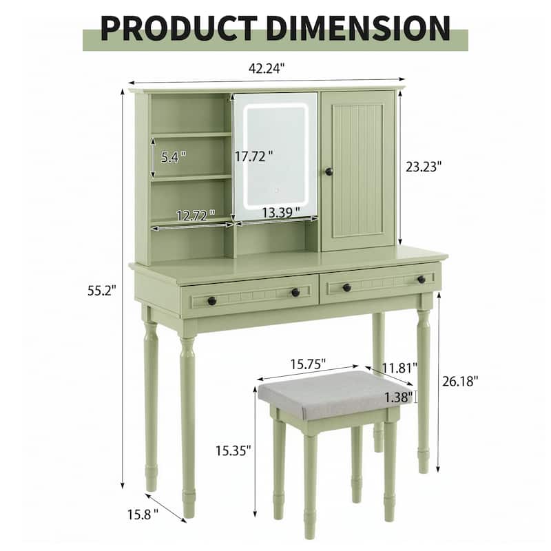 Vanity Desk with Adjustable Lighted Mirror & Upholstered Stool