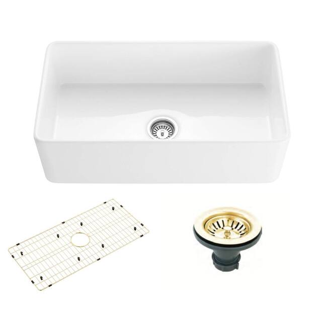 Fireclay Farmhouse Kitchen Sink - Contemporary European Design - 30-Inch - Sink w/ grid & drain cover - Brushed Gold