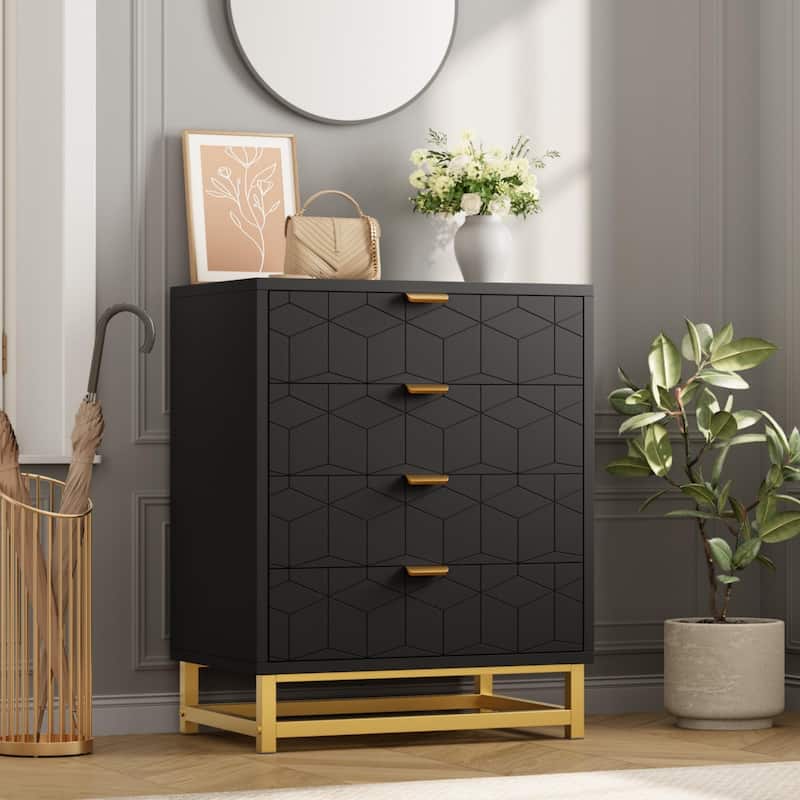 4 Drawer Dresser for Bedroom, Modern Wooden Chest of Drawers with Gold Handles