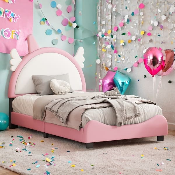 slide 2 of 4, Cute Twin Size Upholstered Bed with Unicorn Shape Headboard, Platform Bed with Headboard and Footboard